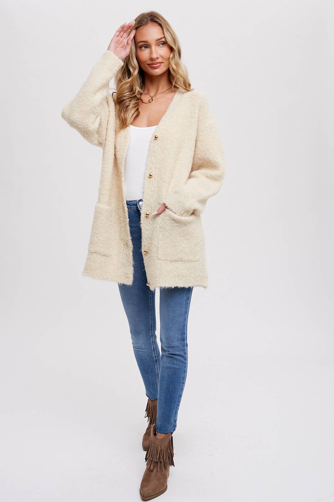 BUTTONED BOUCLE CARDIGAN - OATMEAL