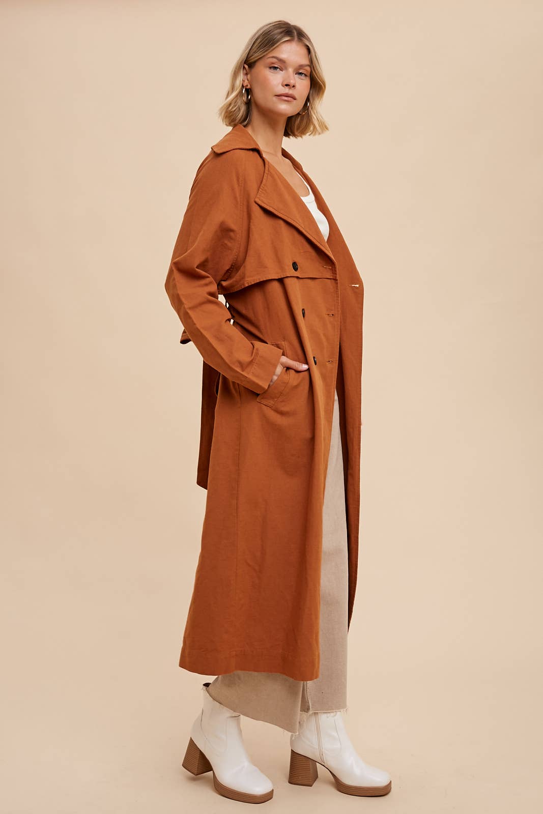 LONG LINE DOUBLE BREASTED CLASSIC TRENCH COAT WITH BELTED MARTINI OLIVE