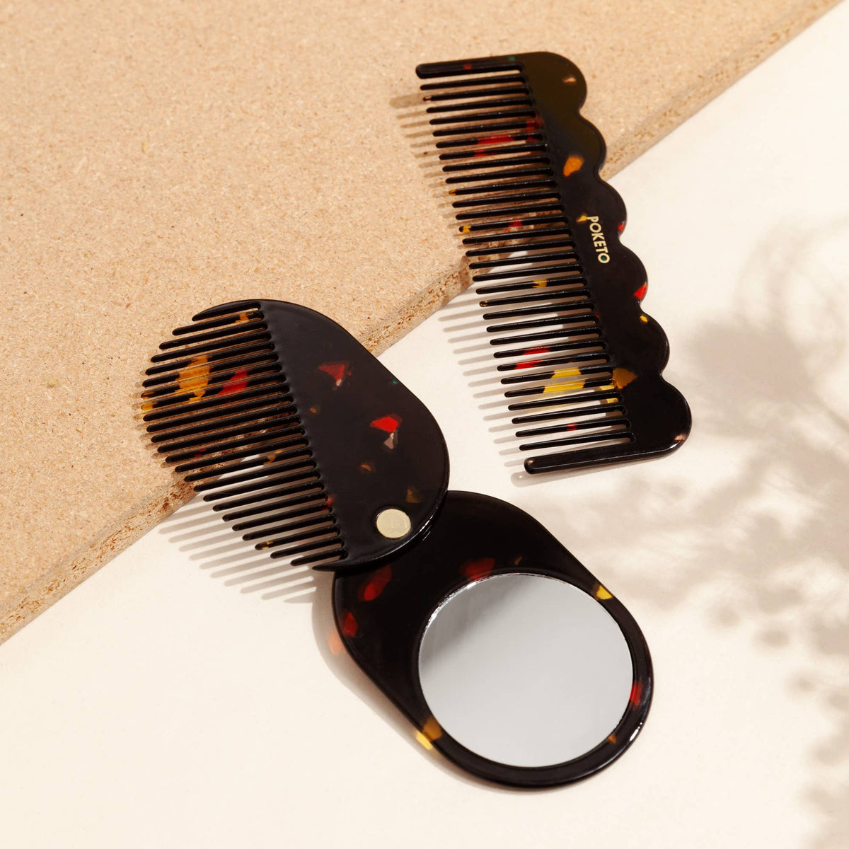 2 in 1 Pocket Comb Mirror in Black Amber