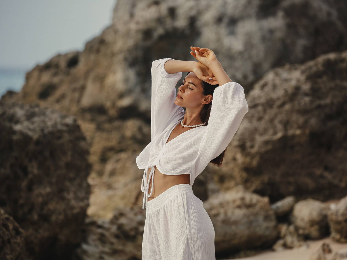 Gaia Drawstring Crop Top - White: White / One Size