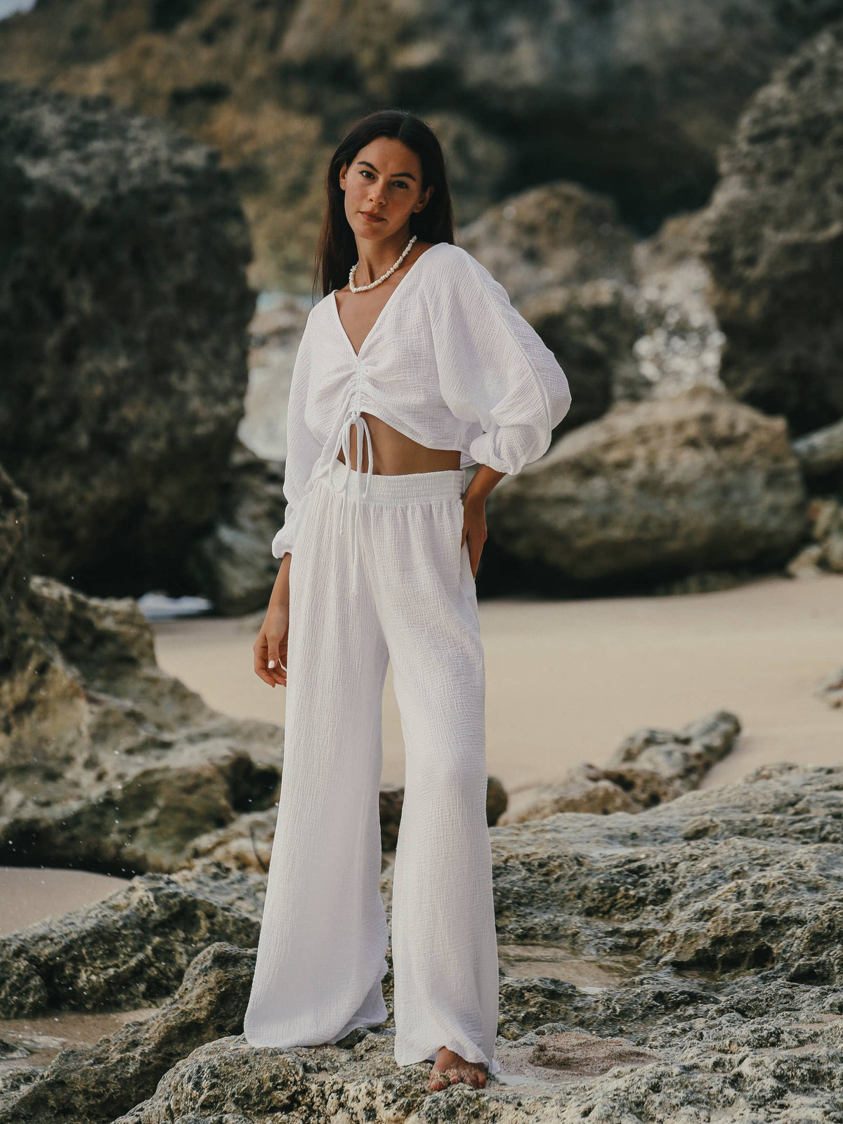Gaia Drawstring Crop Top - White: White / One Size