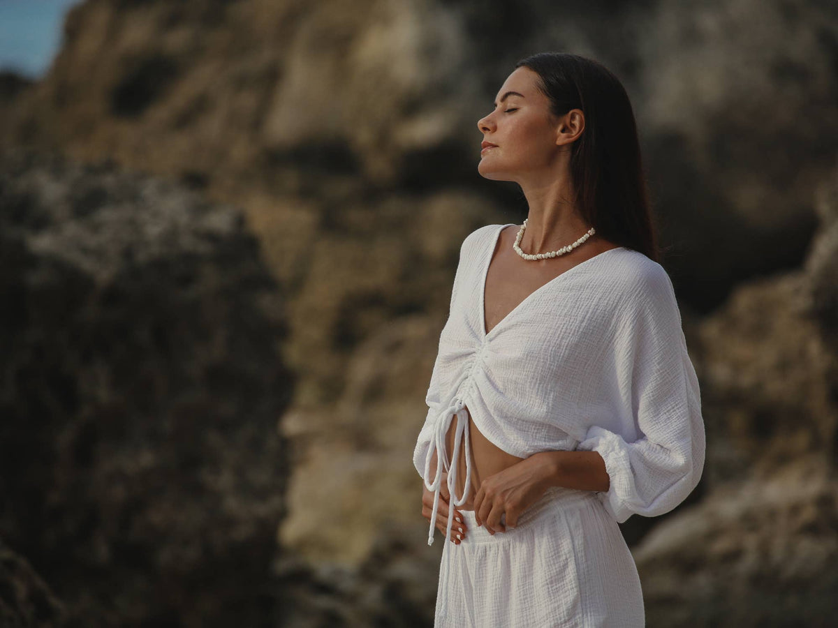 Gaia Drawstring Crop Top - White: White / One Size