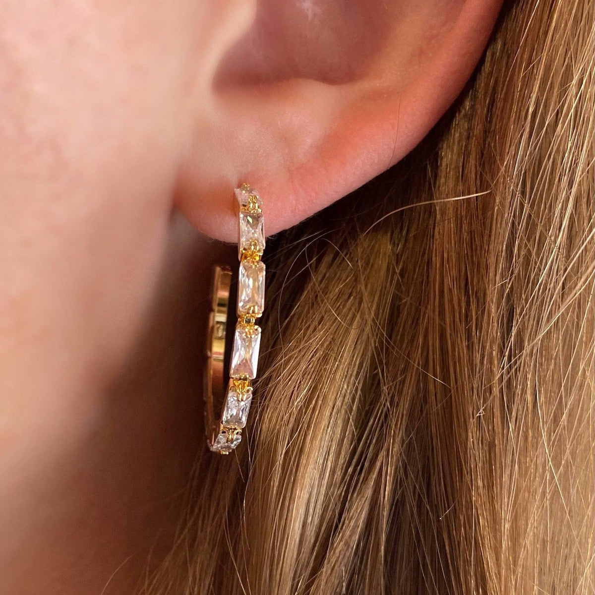 18k Gold Filled Baguette Cubic Zircon Hoop Earrings