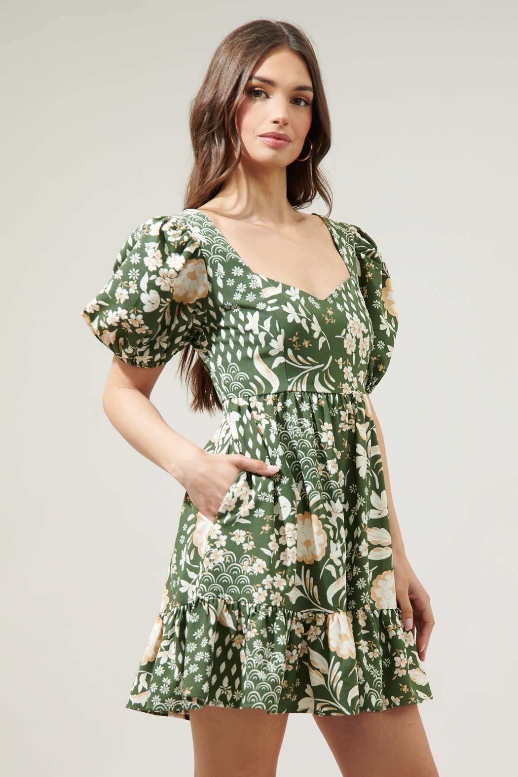 Fernwood Floral Evy Sweetheart Mini Dress: OliveGreen / M