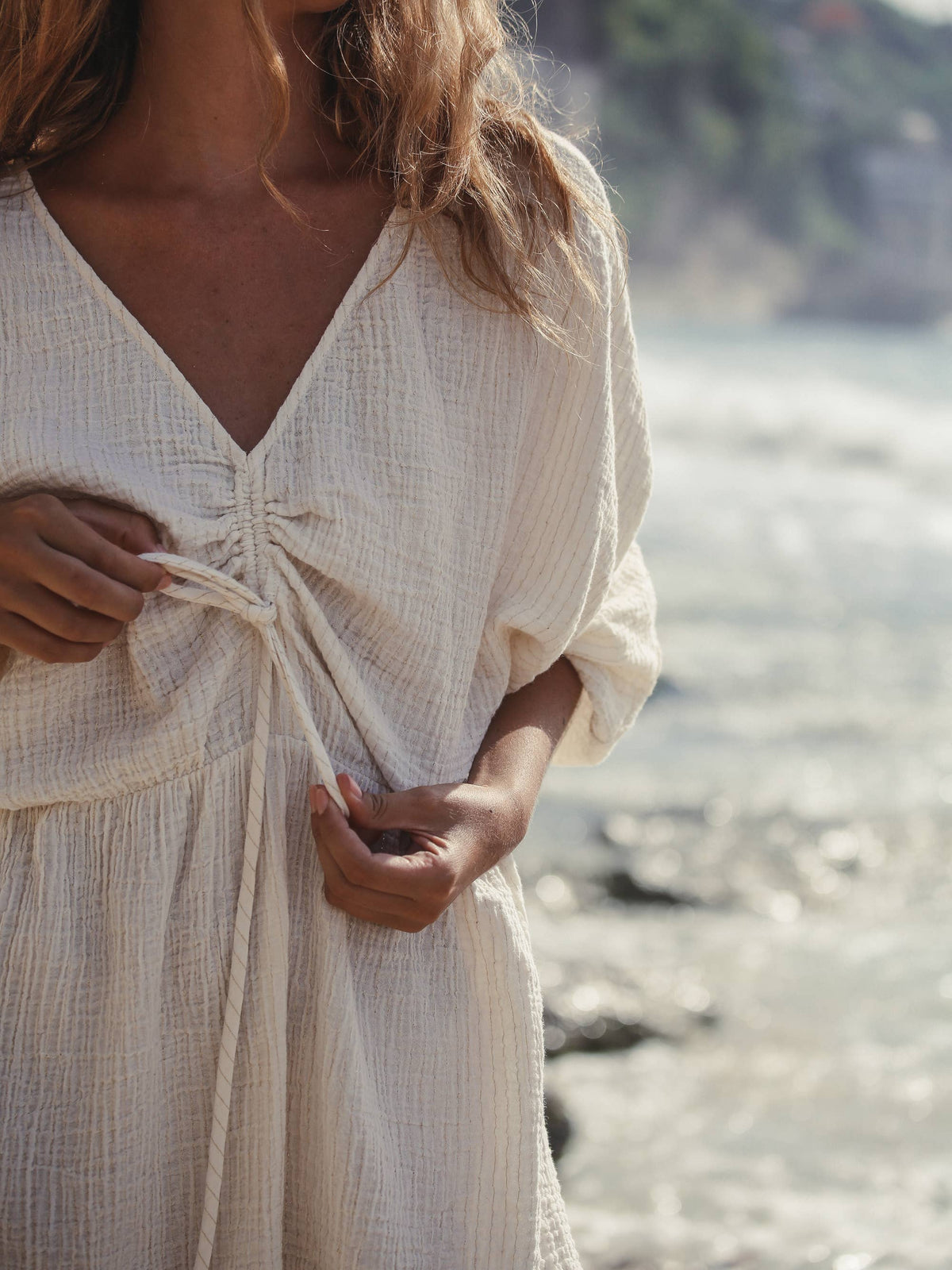 Gaia Drawstring Mini Dress - Natural with Gold Stripes: Natural with Gold Stripes