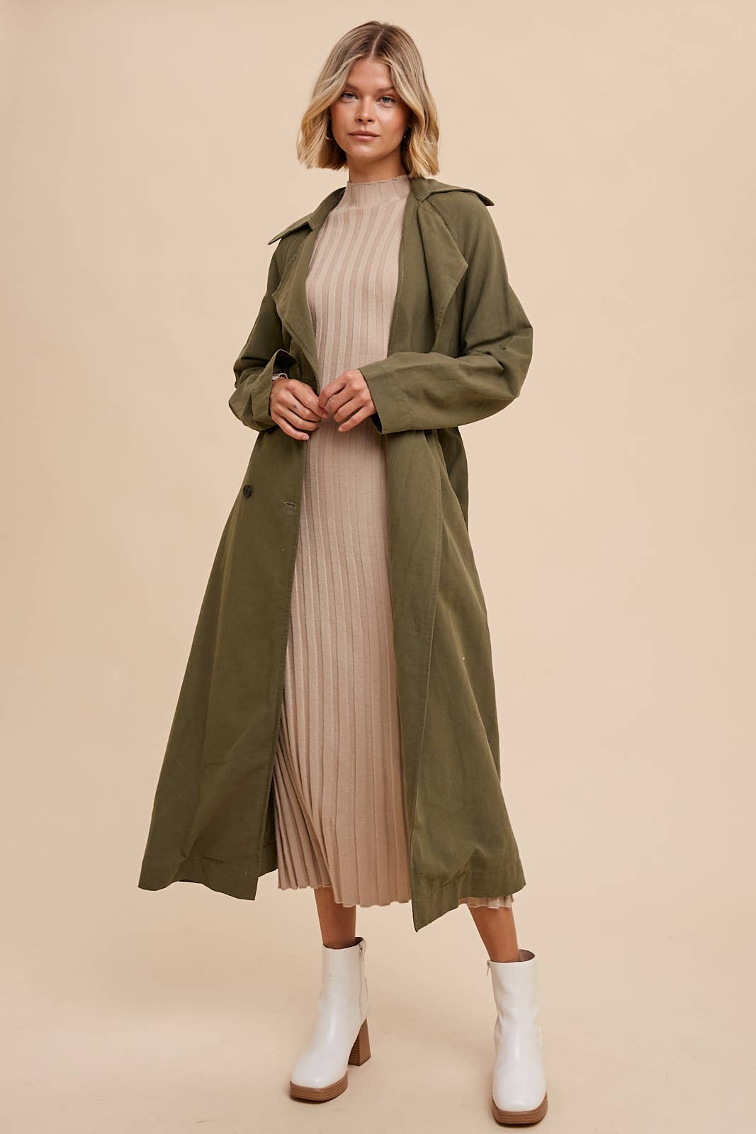 LONG LINE DOUBLE BREASTED CLASSIC TRENCH COAT WITH BELTED MARTINI OLIVE