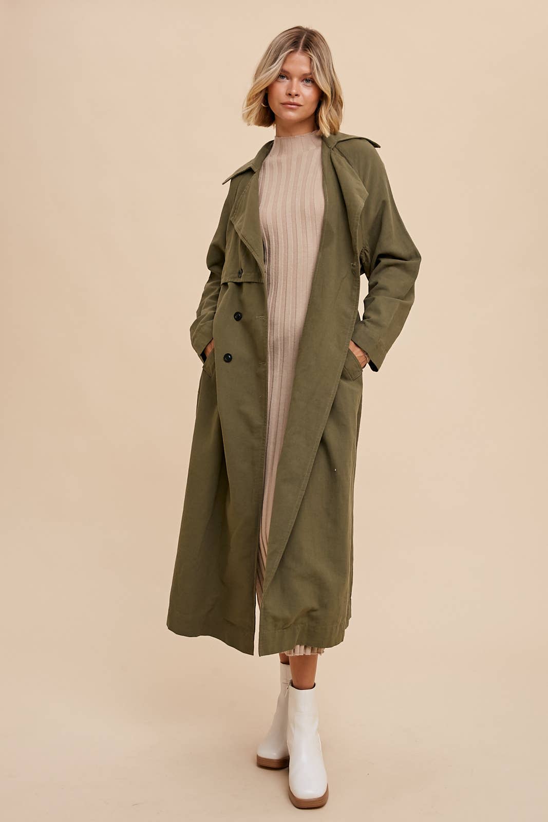 LONG LINE DOUBLE BUTTON CLASSIC TRENCH COAT WITH BELTED - CAMEL