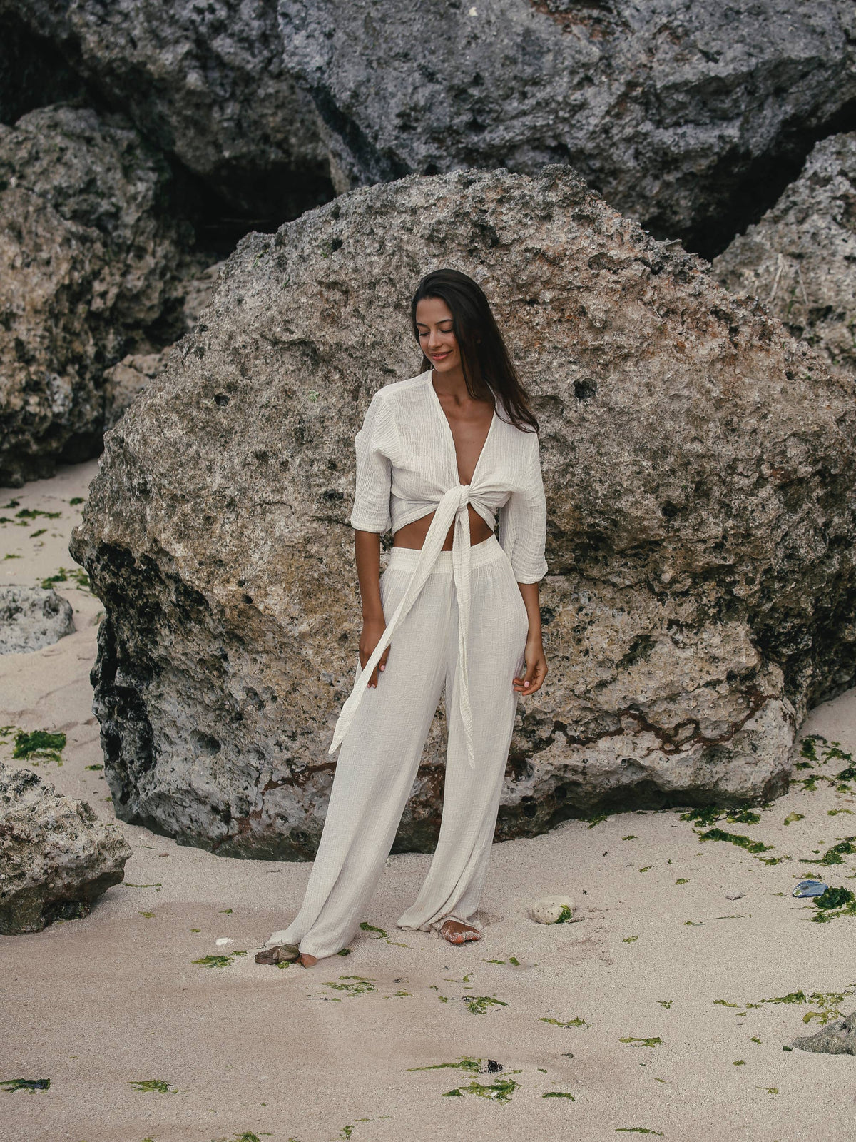 Bali Wrap Top - Natural With Gold Stripes: Natural With Gold Stripes / One Size