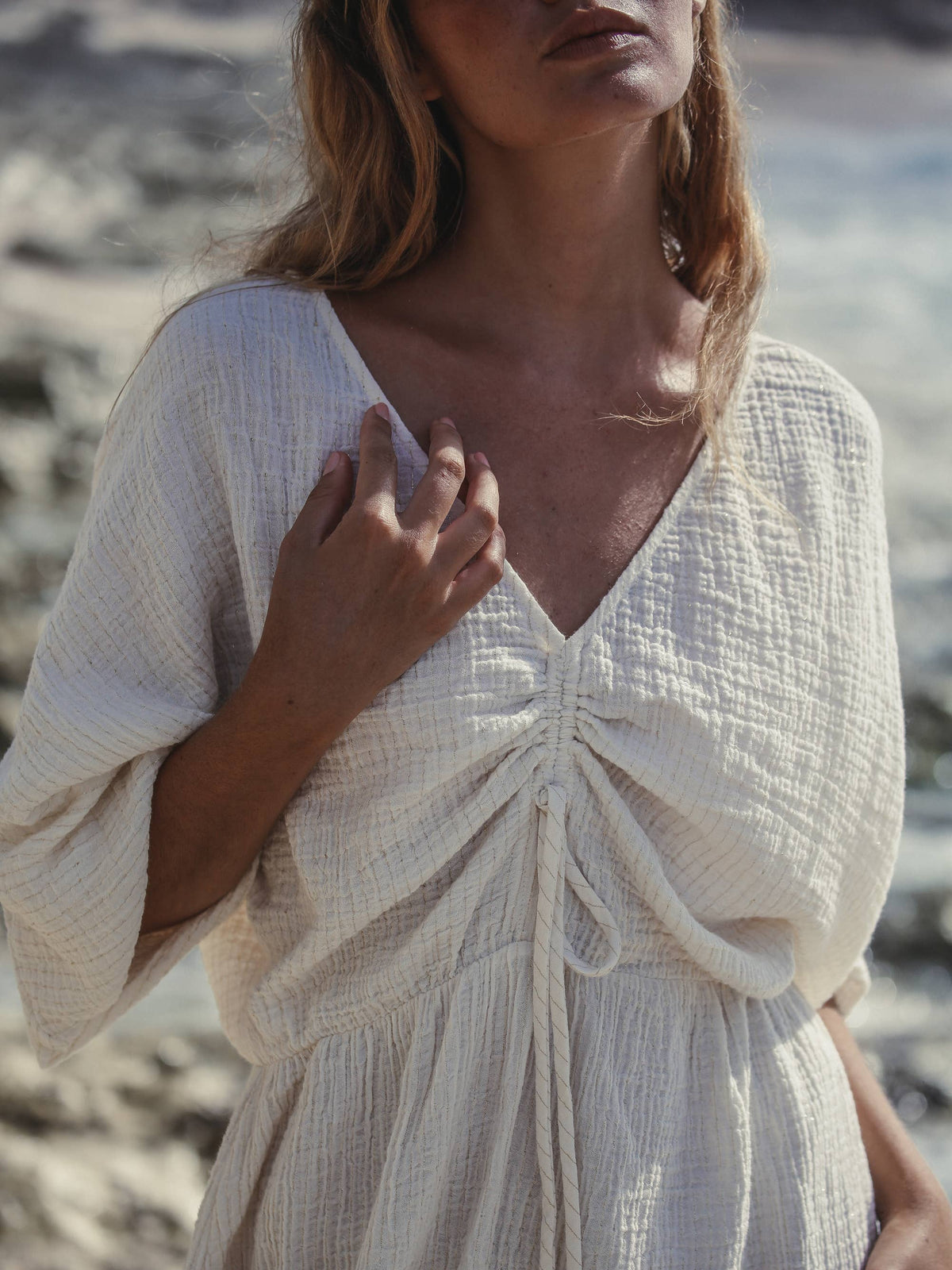 Gaia Drawstring Mini Dress - Natural with Gold Stripes: Natural with Gold Stripes
