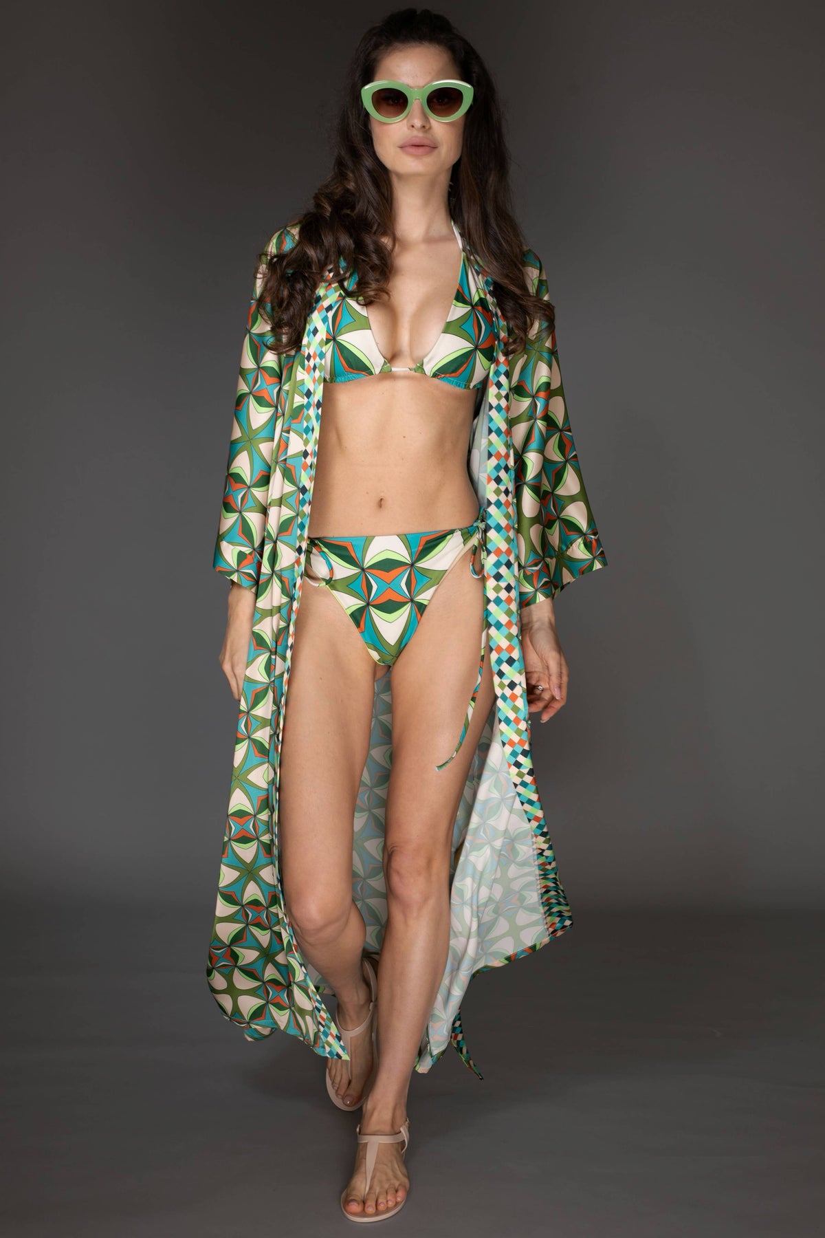 Abstract Print Green Satin Kimono: ONE SIZE FITS ALL