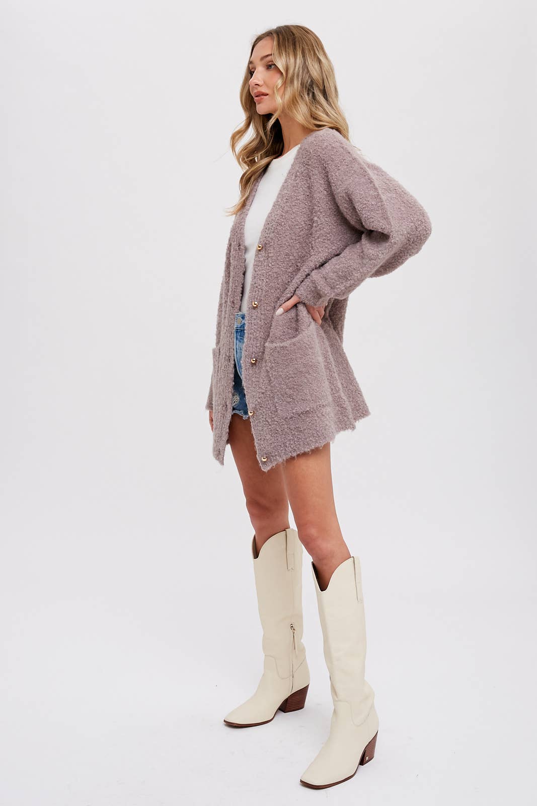 BUTTONED BOUCLE CARDIGAN - OATMEAL