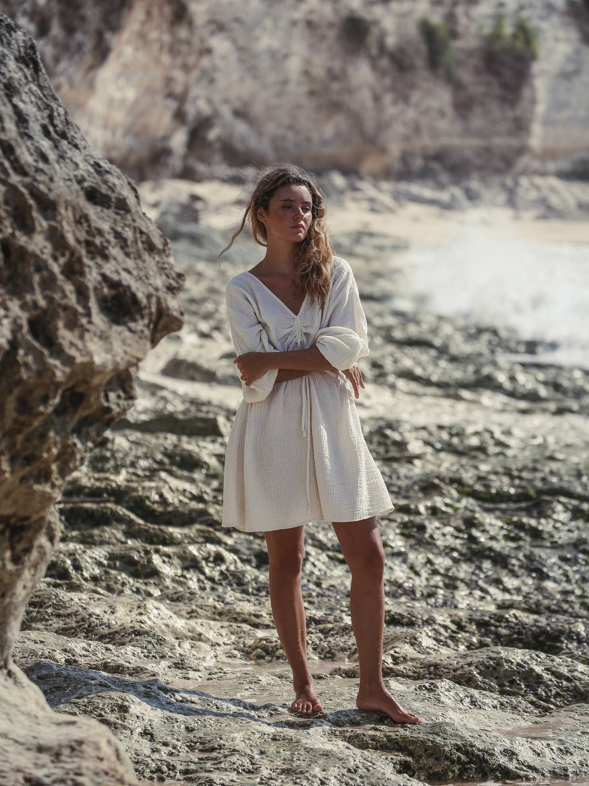 Gaia Drawstring Mini Dress - Natural with Gold Stripes: Natural with Gold Stripes