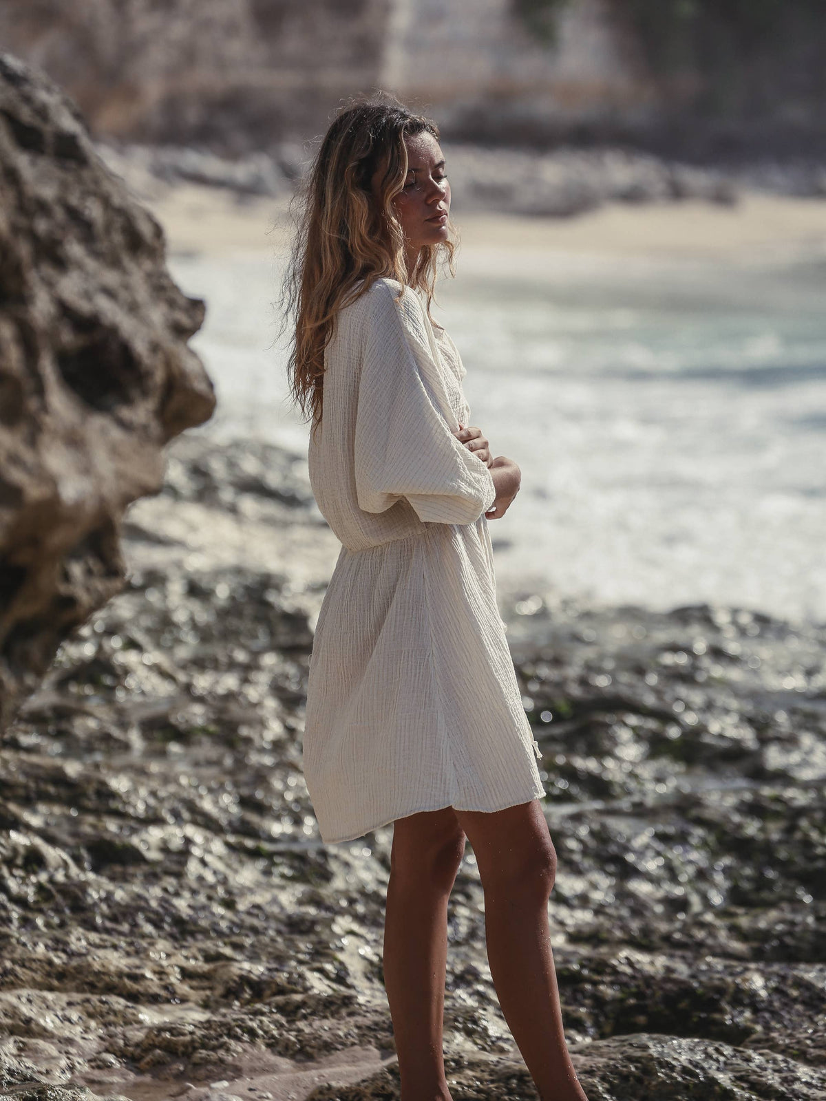 Gaia Drawstring Mini Dress - Natural with Gold Stripes: Natural with Gold Stripes