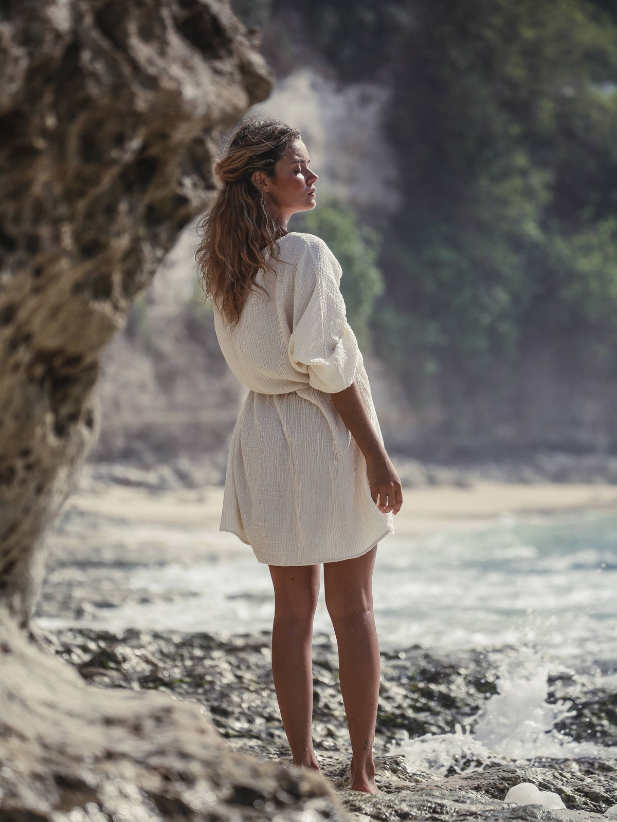 Gaia Drawstring Mini Dress - Natural with Gold Stripes: Natural with Gold Stripes