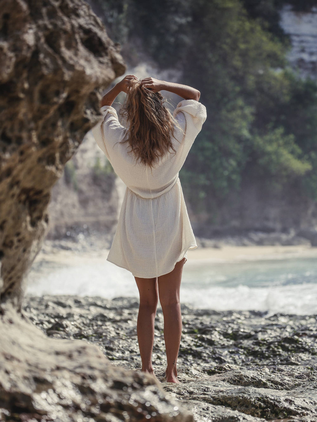 Gaia Drawstring Mini Dress - Natural with Gold Stripes: Natural with Gold Stripes