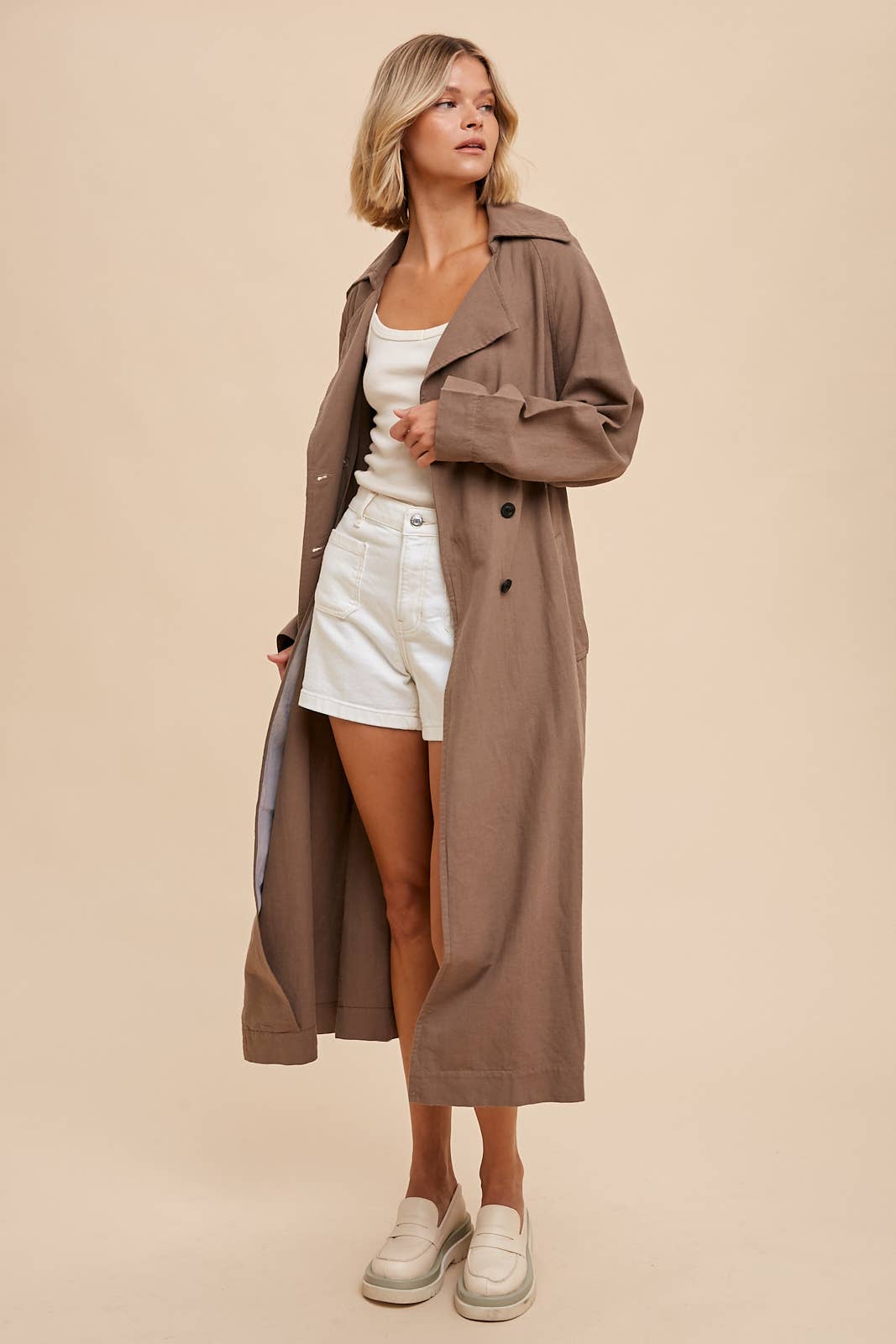 LONG LINE DOUBLE BUTTON CLASSIC TRENCH COAT WITH BELTED - CAMEL