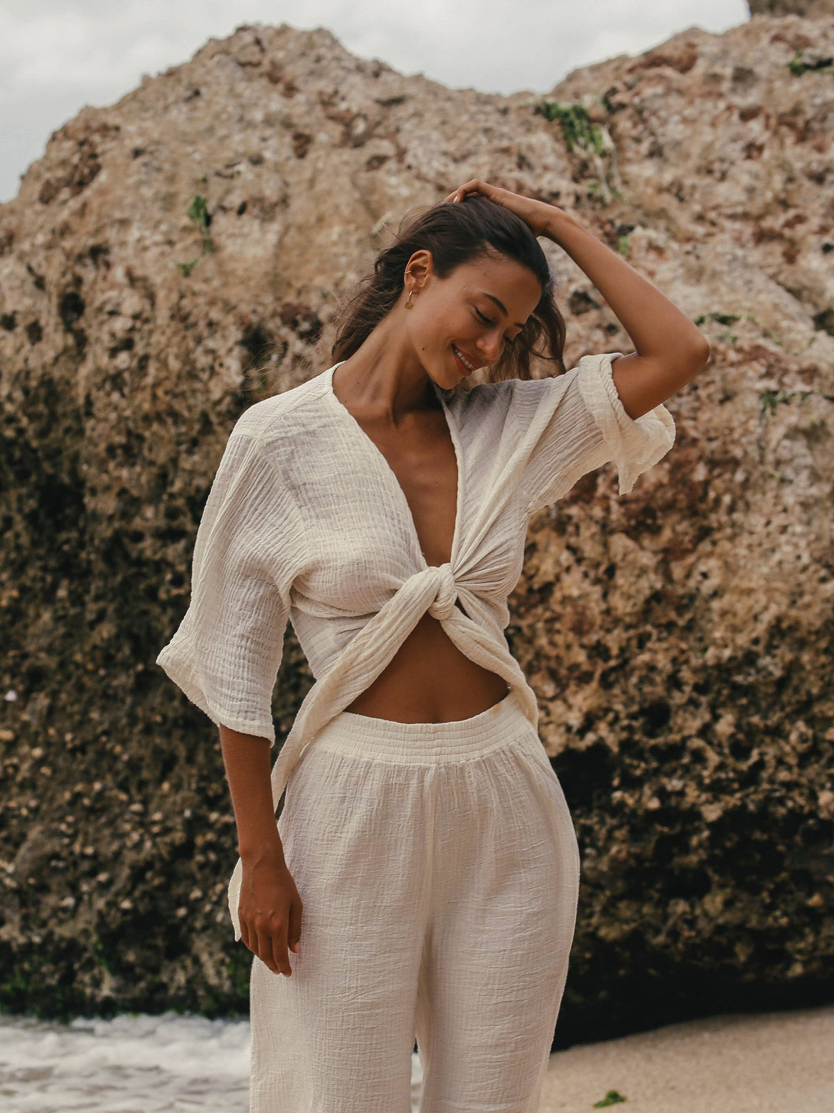 Bali Wrap Top - Natural With Gold Stripes: Natural With Gold Stripes / One Size