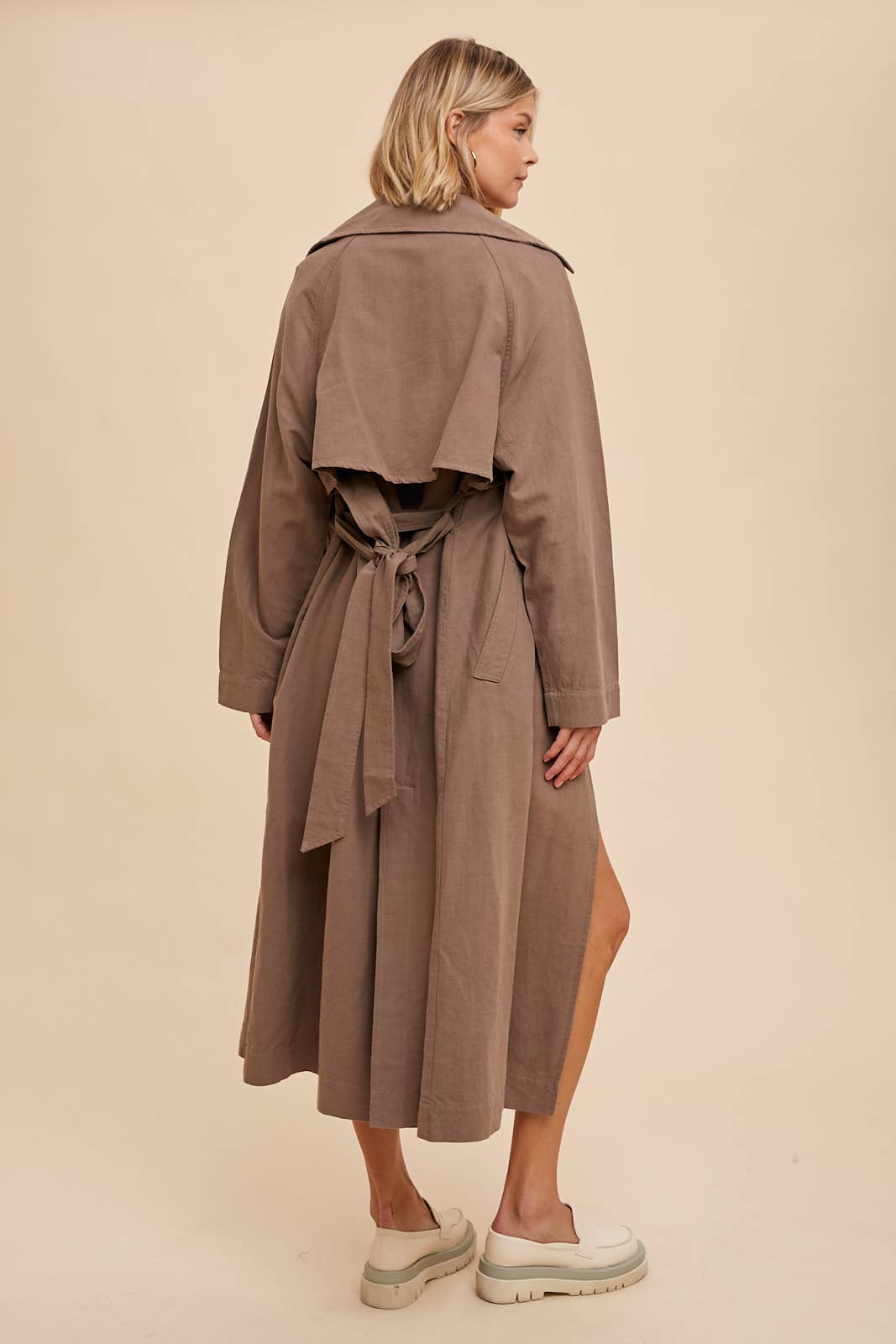 LONG LINE DOUBLE BUTTON CLASSIC TRENCH COAT WITH BELTED - CAMEL