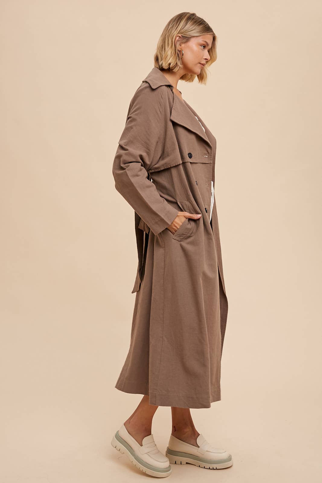 LONG LINE DOUBLE BUTTON CLASSIC TRENCH COAT WITH BELTED - CAMEL