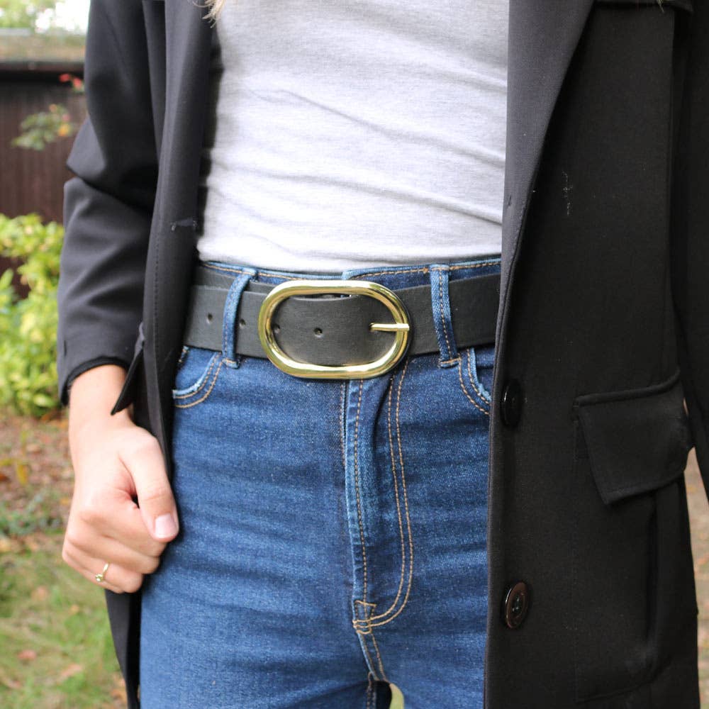 Daphne | Gold Oval Buckle Everyday Leather Belt Women: XS-75 / Cognac
