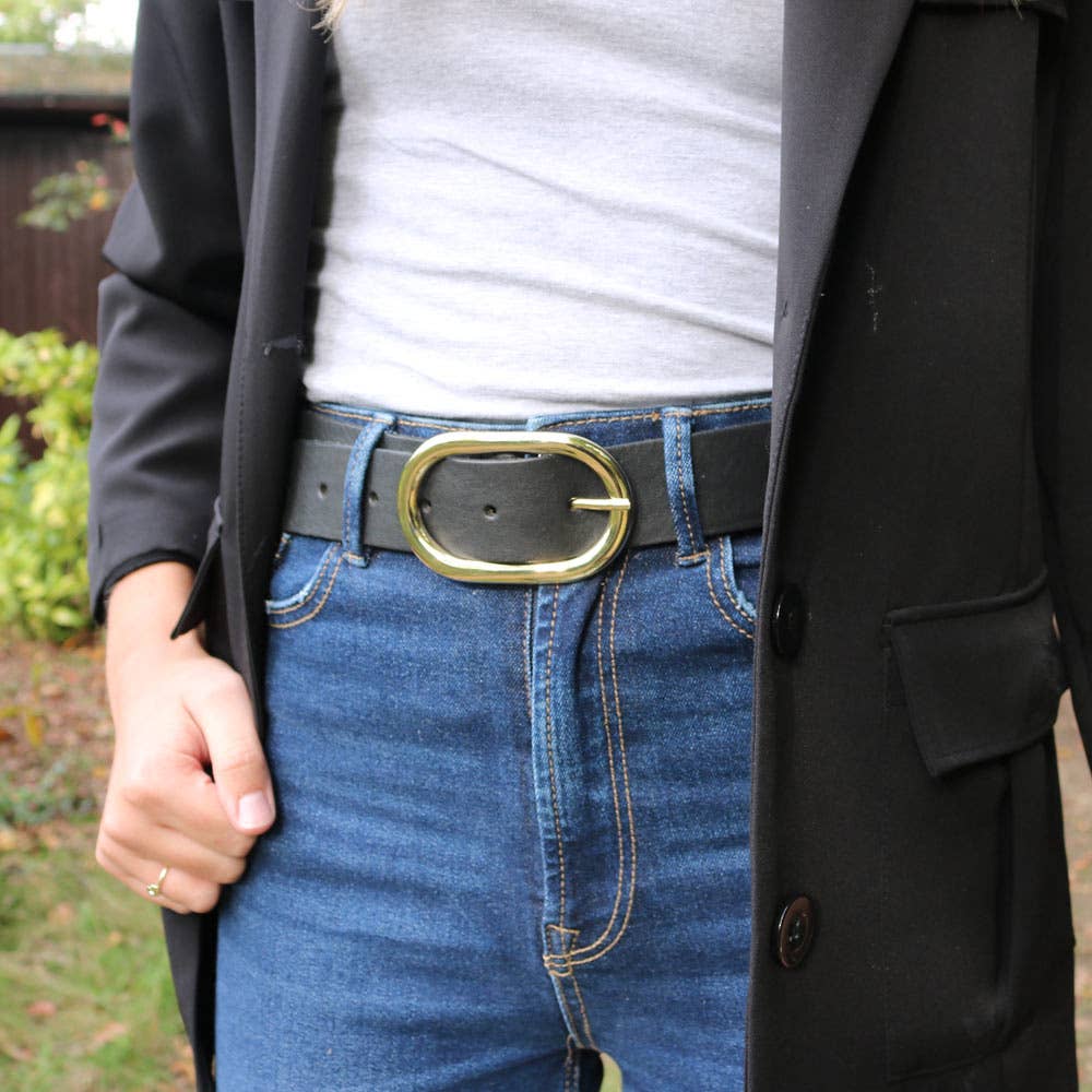 Daphne | Gold Oval Buckle Everyday Leather Belt Women: XS/S-80 / Cognac