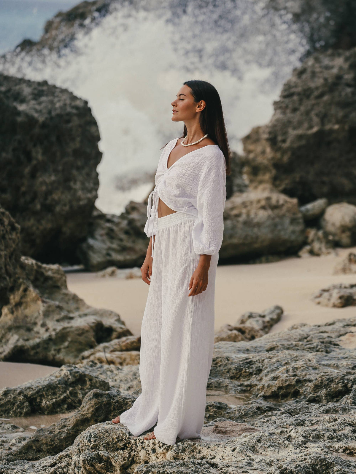Gaia Drawstring Crop Top - White: White / One Size