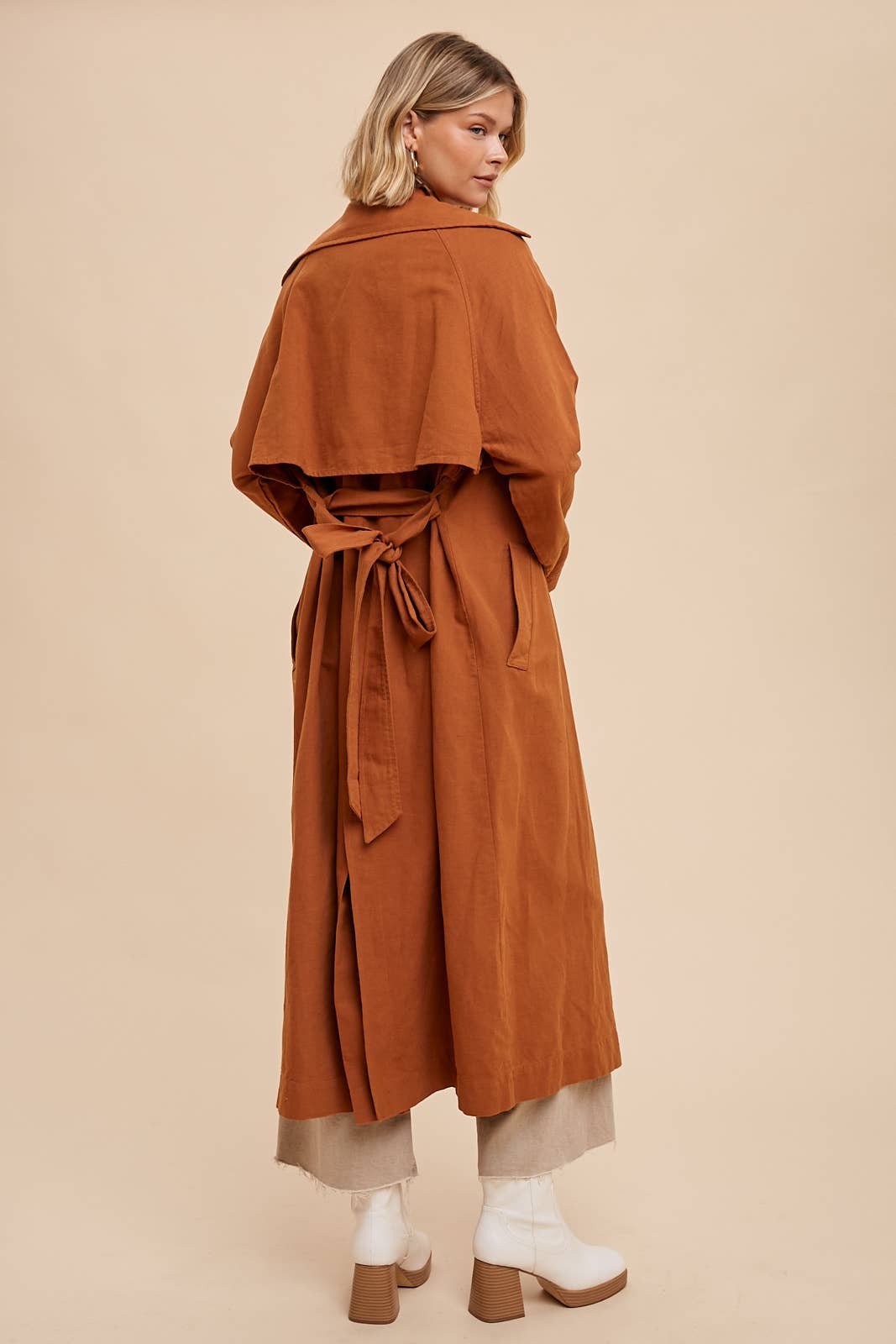 LONG LINE DOUBLE BUTTON CLASSIC TRENCH COAT WITH BELTED - CAMEL