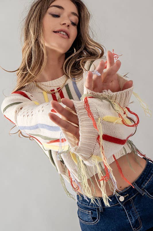 MULTI COLORED FRINGED TASSEL SWEATER TOP - WHITE