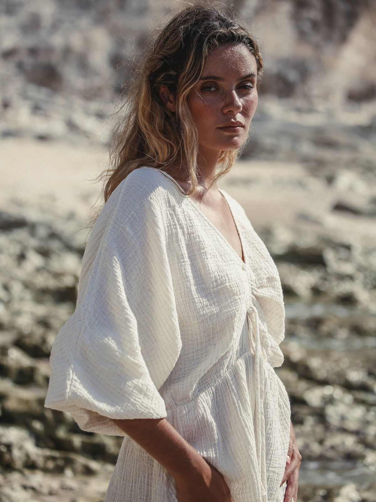 Gaia Drawstring Mini Dress - Natural with Gold Stripes: Natural with Gold Stripes