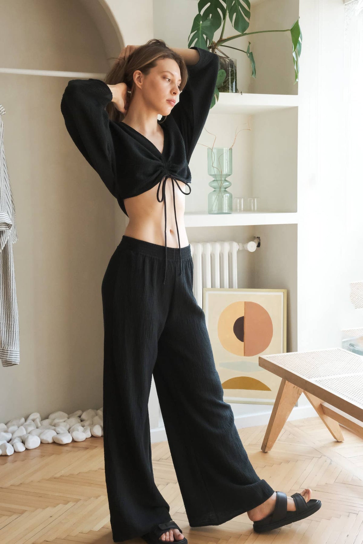 Gaia Drawstring Crop Top - Black: Black / One Size