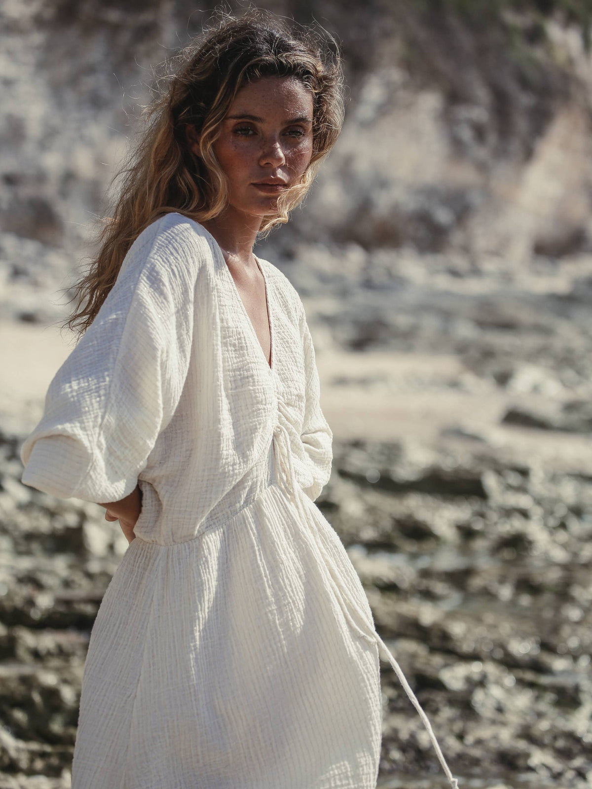 Gaia Drawstring Mini Dress - Natural with Gold Stripes: Natural with Gold Stripes