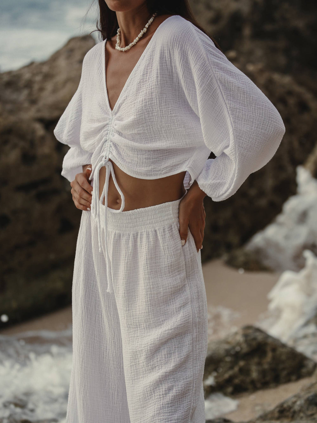 Gaia Drawstring Crop Top - White: White / One Size