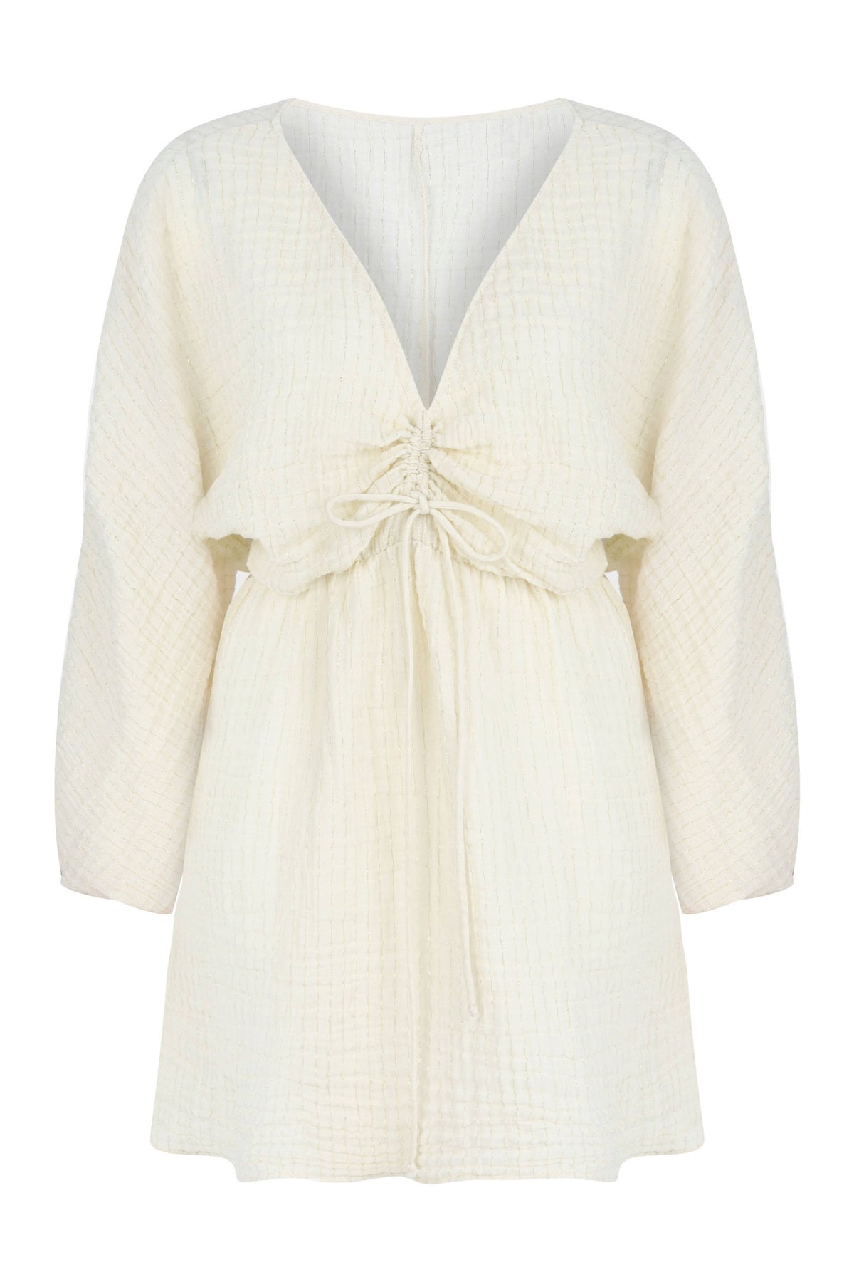 Gaia Drawstring Mini Dress - Natural with Gold Stripes: Natural with Gold Stripes