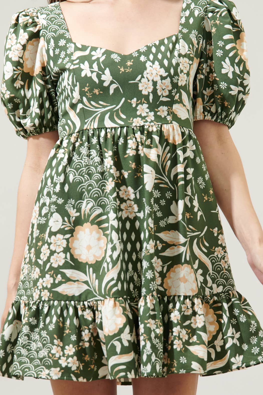 Fernwood Floral Evy Sweetheart Mini Dress: OliveGreen / M