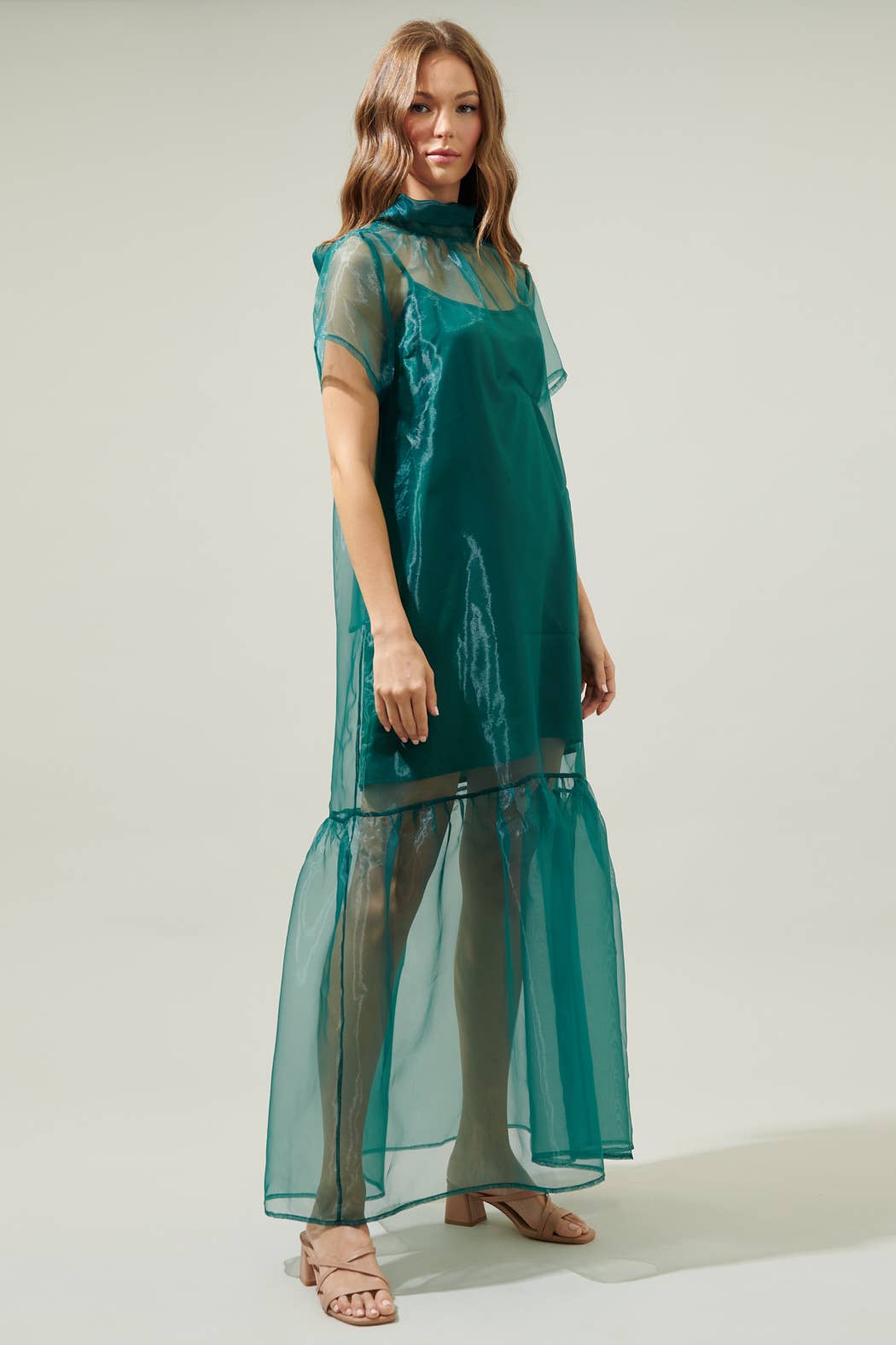 Dime Organza Mockneck Maxi Dress: Emerald / S