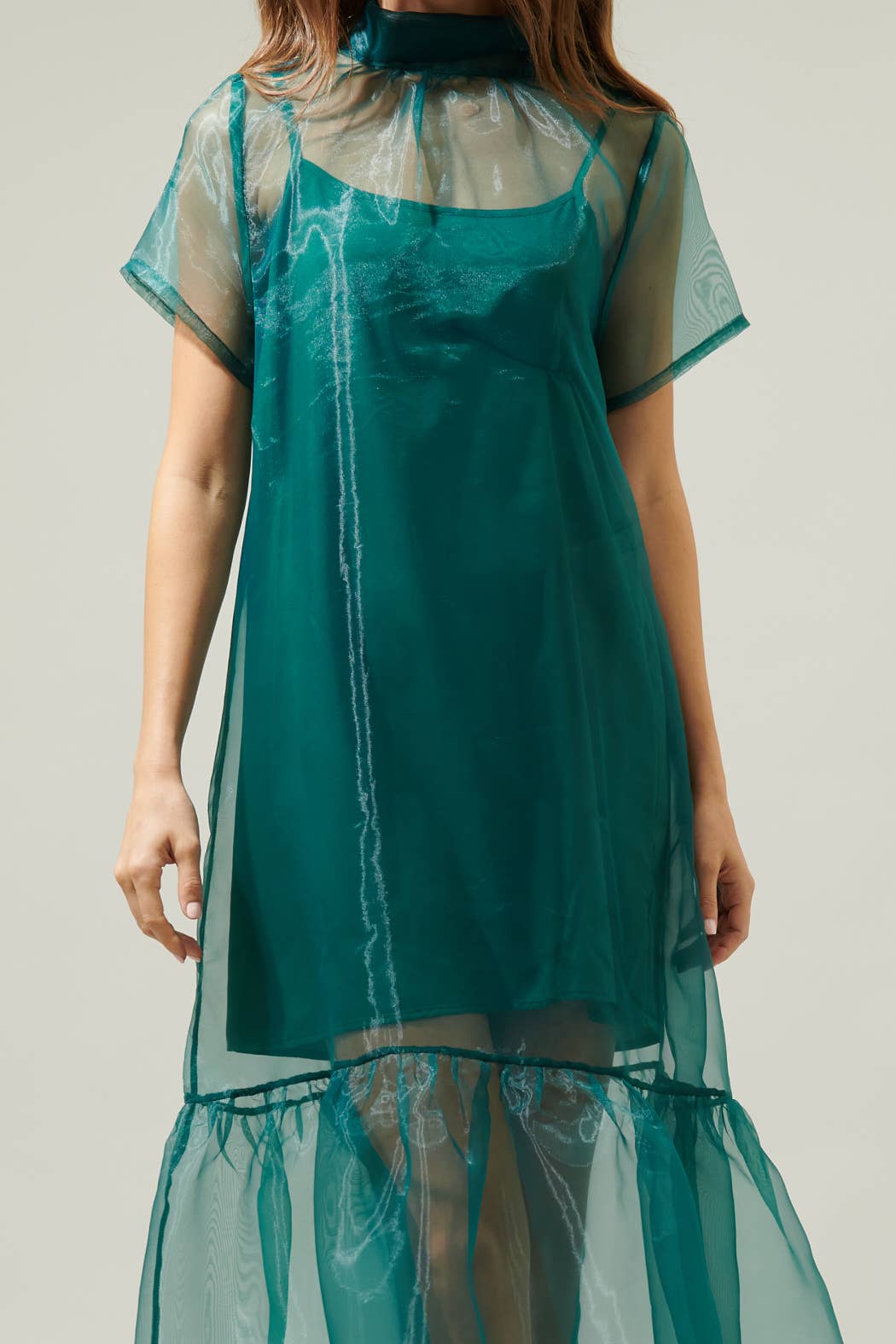 Dime Organza Mockneck Maxi Dress: Emerald / XL