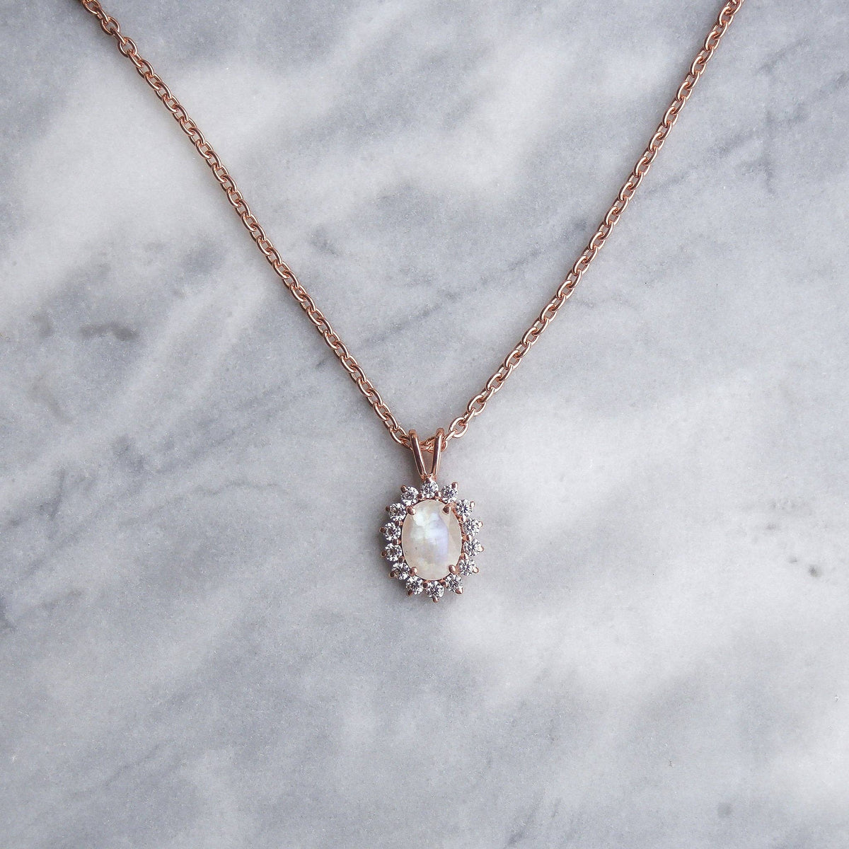 Rose Gold Rainbow Moonstone & Diamond Vintage Fleur Pendant