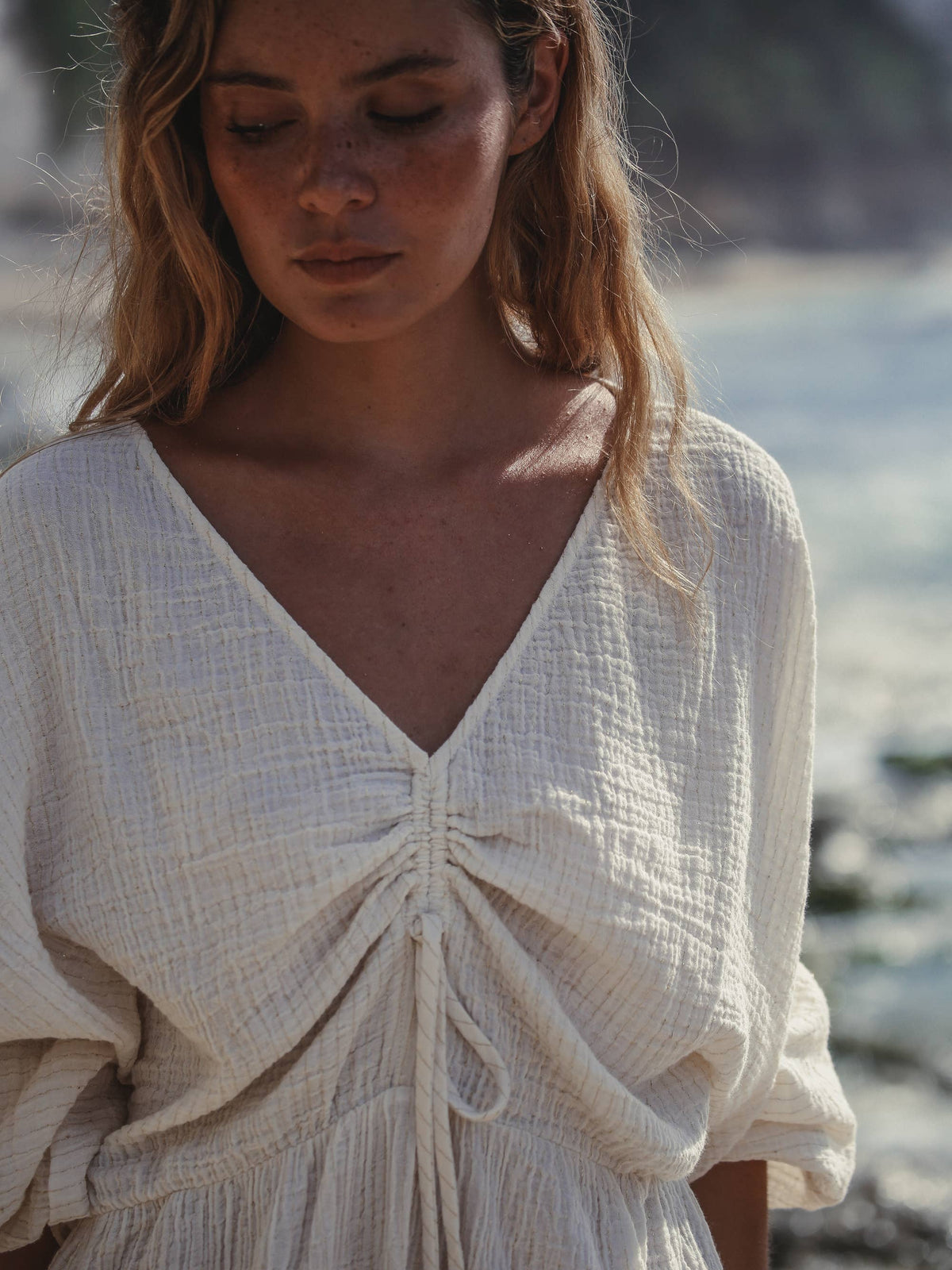 Gaia Drawstring Mini Dress - Natural with Gold Stripes: Natural with Gold Stripes
