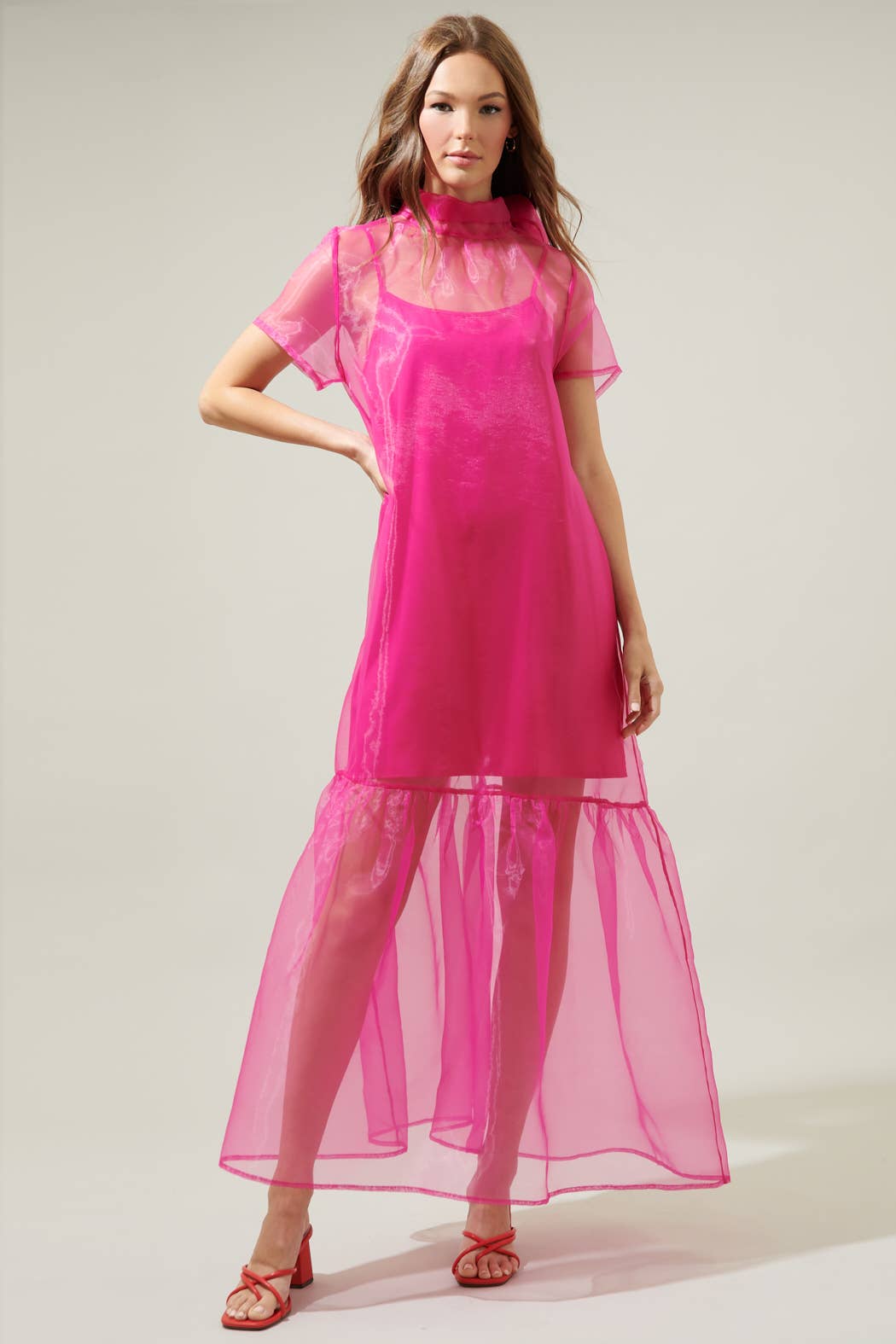 Dime Organza Mockneck Maxi Dress: Emerald / XL