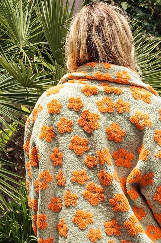 Flower Sherpa Oversized Jacket: SAGE/ORANGE