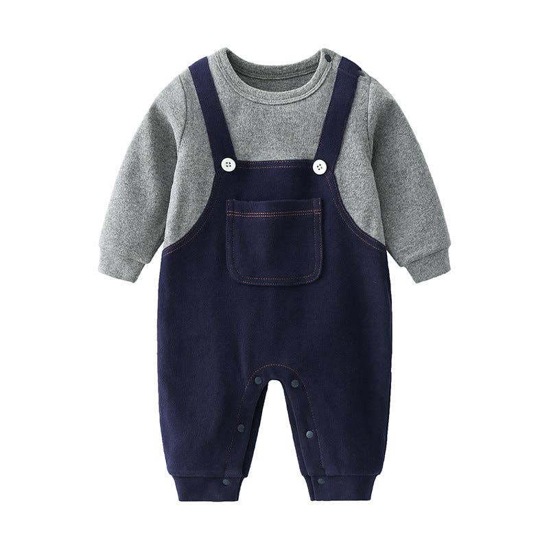 Baby Boy False 1-Piece Overall Design Gentleman Fashion Romp: Navy Blue