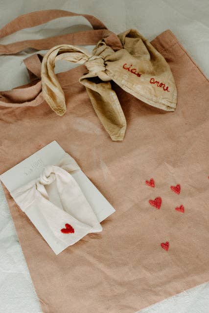 Hand embroidered cotton Tote , plant dyed tote bag: Hearts