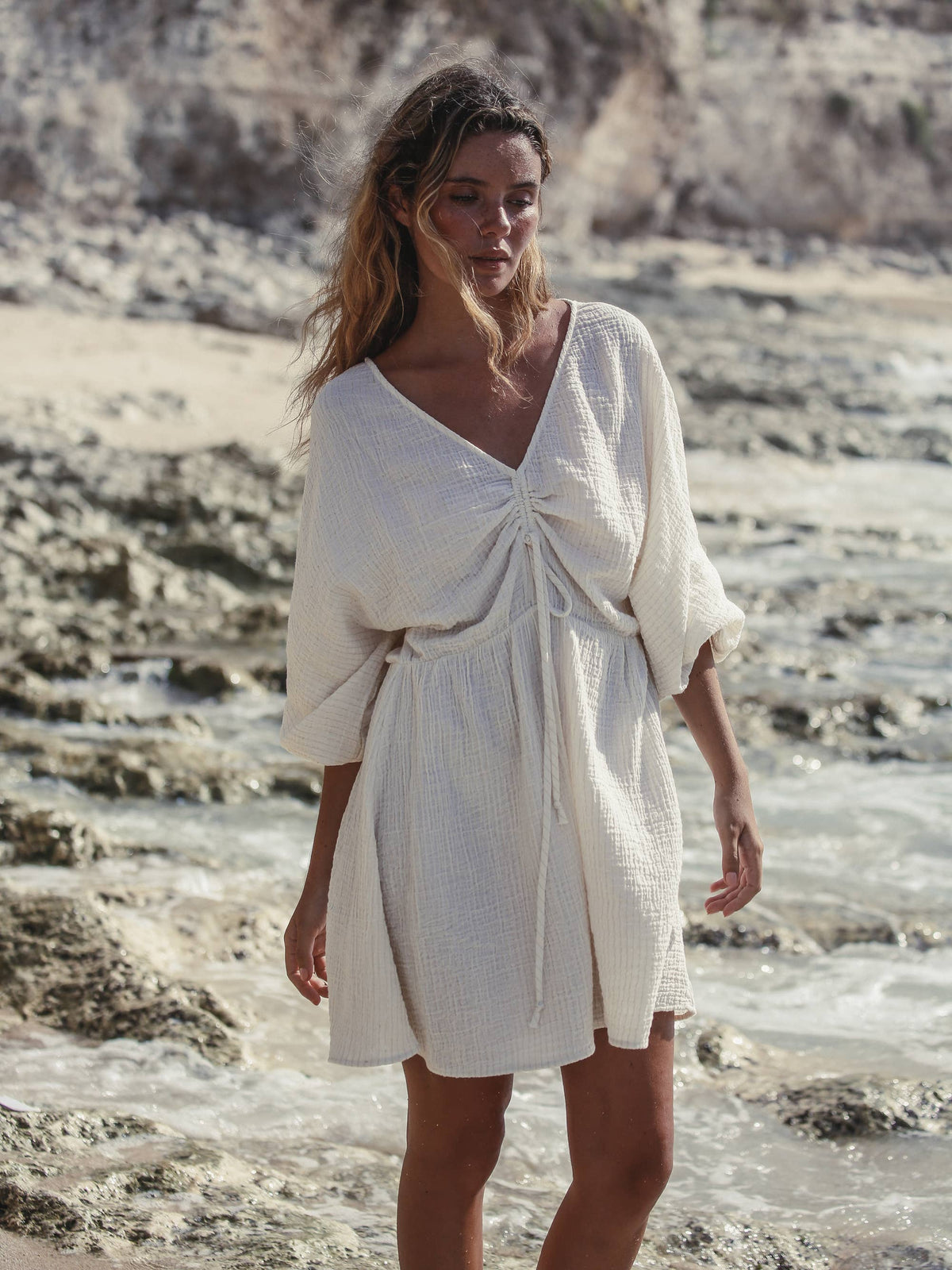 Gaia Drawstring Mini Dress - Natural with Gold Stripes: Natural with Gold Stripes