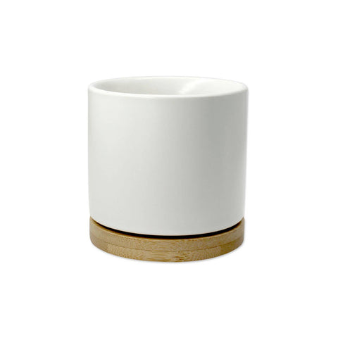 3" White Ceramic Planter & Bamboo Saucer, Plant Pot Pottery