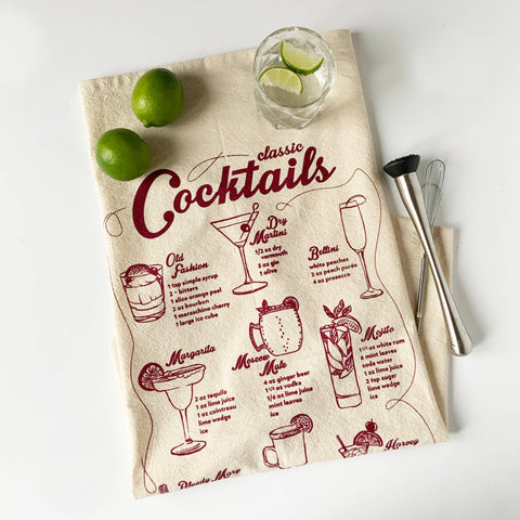 Classic Cocktails Tea Towel - Burgundy