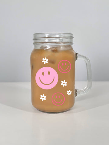 Smiley Face Mason Jar Mug, Glass Coffee Cup with Flowers