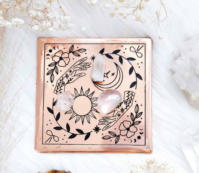 Copper Crystal Charging Plate - Sun, Moon, Plant Design