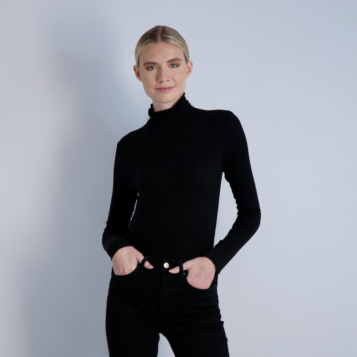 The Ludlow Long Sleeve - Eco CHIC Mock Neck Top: Midnight Black / XS